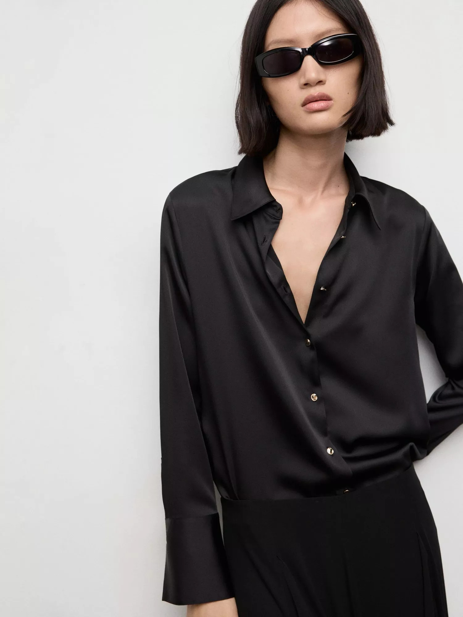 Mango Ideale Satin Shirt, Black | John Lewis (UK)