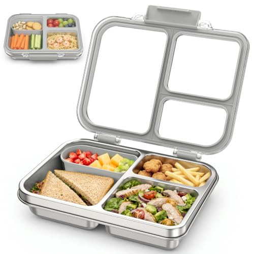 FAJSL Stainless Steel Bento Box for Kids, 3-Compartment Metal Lunch Box with Clear Lid & Removable Silicone, Lunch Box Kids with Silicone Inner Container for Meal Prep, School, Office (Grey) | Amazon (US)