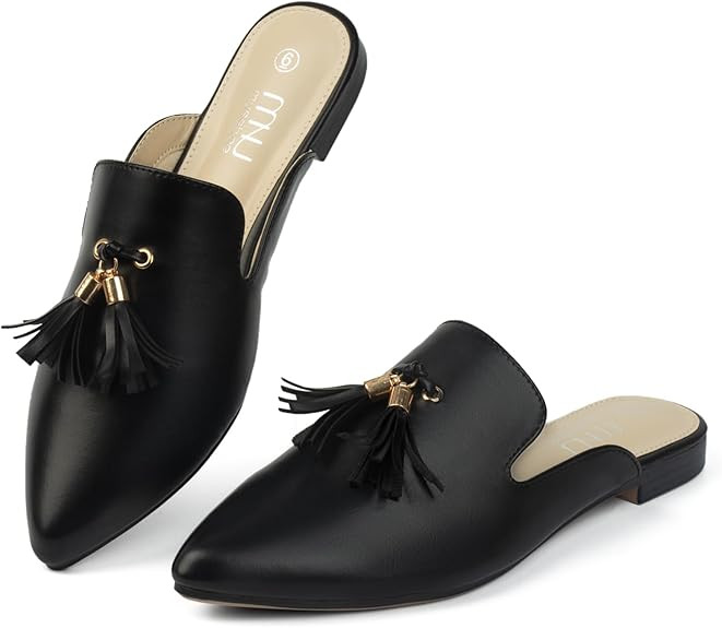 MUSSHOE Mules for Women Comfortable Pointed Toe Backless Slip-on Slides Loafer Flats with Tassels | Amazon (US)