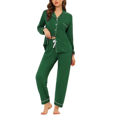 cheibear Women's Long Sleeves Button Down Top with Pants Lounge Pajamas Set Green X-Small | Target