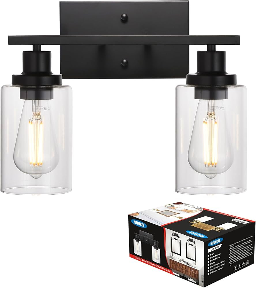 MELUCEE 2-Light Black Wall Sconce Industrial Vintage with Clear Glass Shade and Metal Base, Bathr... | Amazon (US)