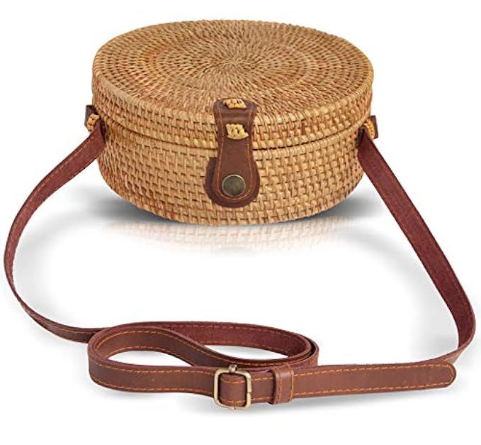 Boho Chic Rattan Ata Round Crossbody Bag with Genuine Leather Adjustable Strap for Women by la Bambu | Amazon (US)