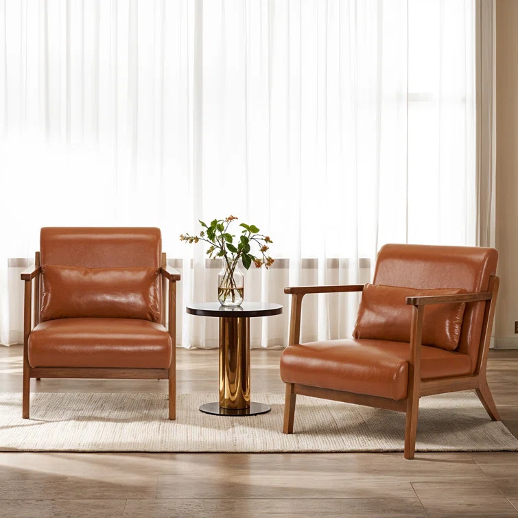 Mid-Century Modern Leatherette Accent Stool And Chair With Walnut Rubberwood Legs | Wayfair North America