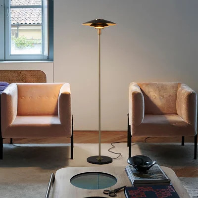Rancho Mirage Floor Lamp - Matte Black & Gold-Leaf Shade, Weathered Brass, Black Marble Base, Dimmer | Wayfair North America