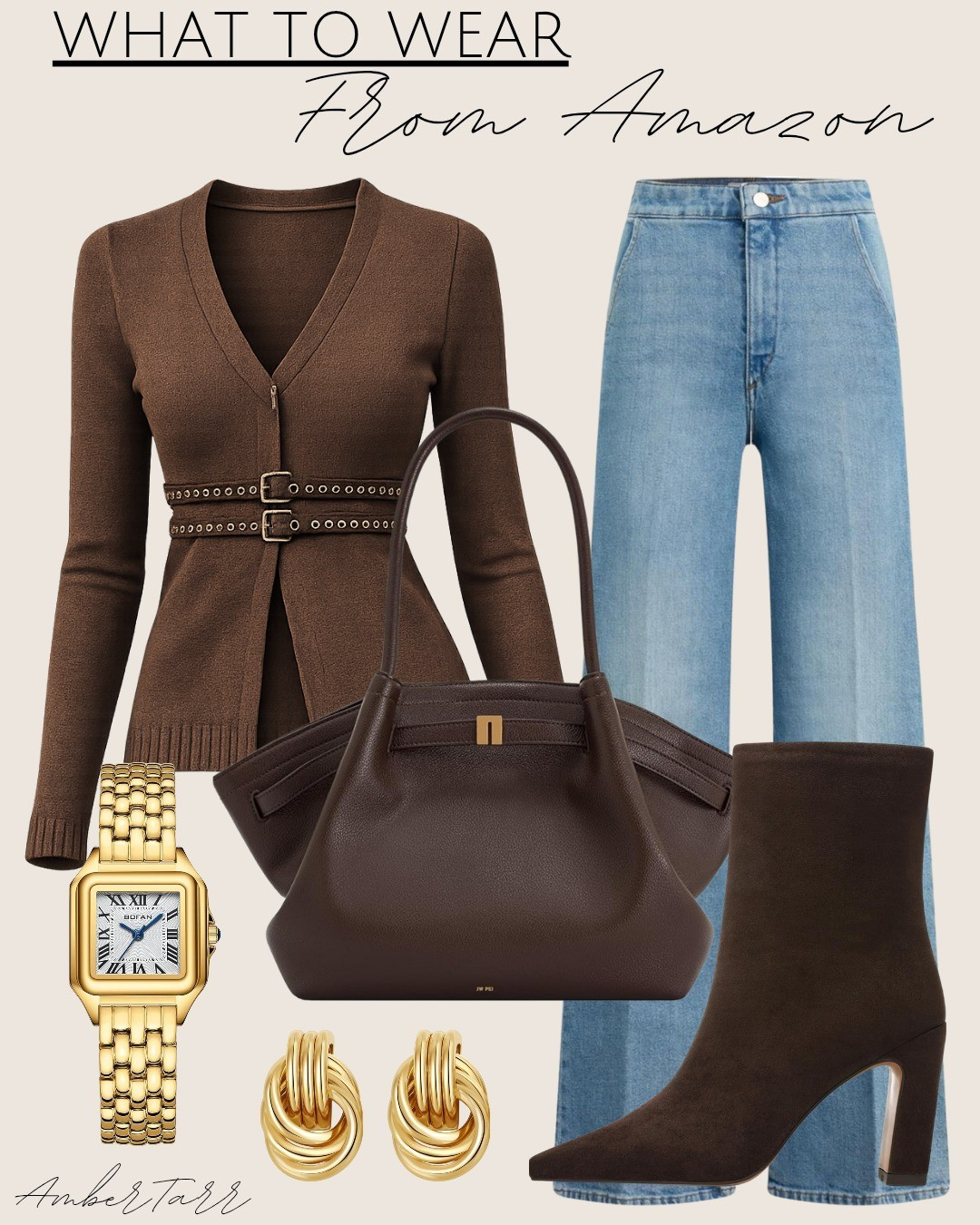 A timeless brown-and-denim outfit featuring a fitted belted cardigan paired with straight-leg jeans. Styled with a structured brown handbag, suede heeled ankle boots, and gold statement jewelry for a classic, elevated everyday look that transitions effortlessly from day to night.

#LTKNYFW #LTKOver40 #LTKootd