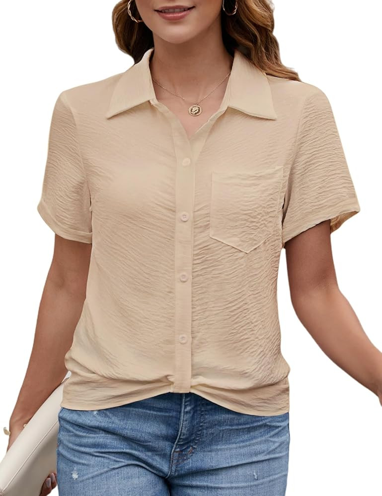 CiCiBird Women Button Down Shirt 2024 Summer Casual Short Sleeve Blouse Dressy V Neck Collared To... | Amazon (US)
