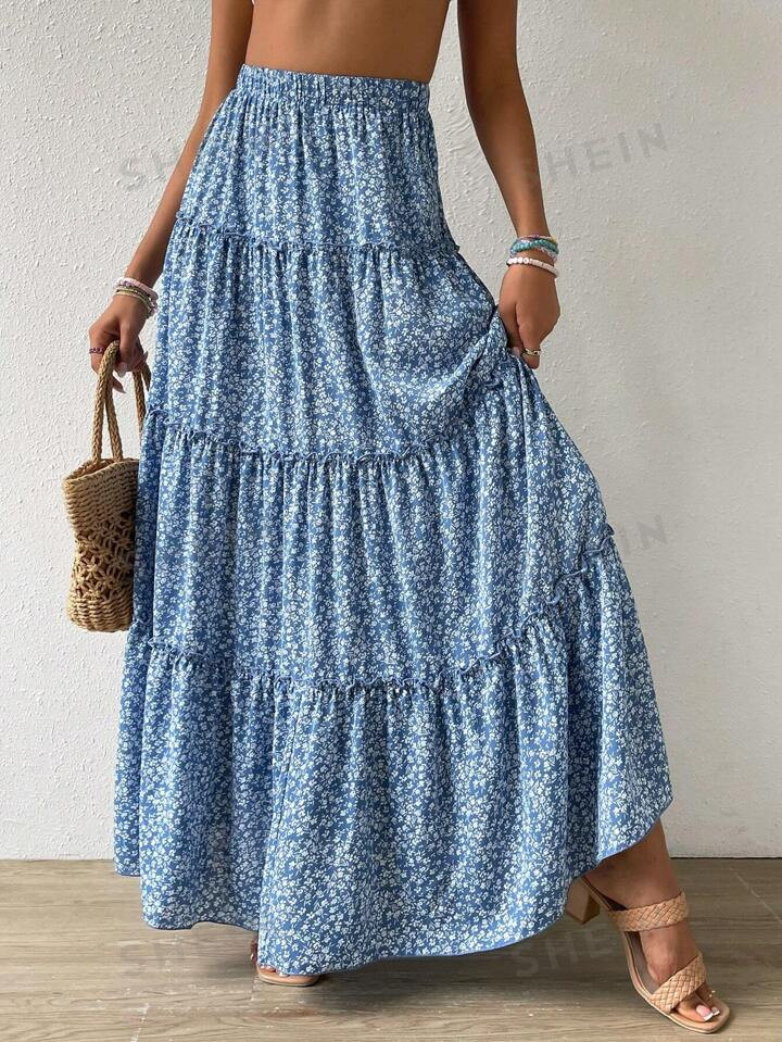 SHEIN VCAY Ditsy Floral Print Frill Trim Summer Beach Ruched Skirt | SHEIN