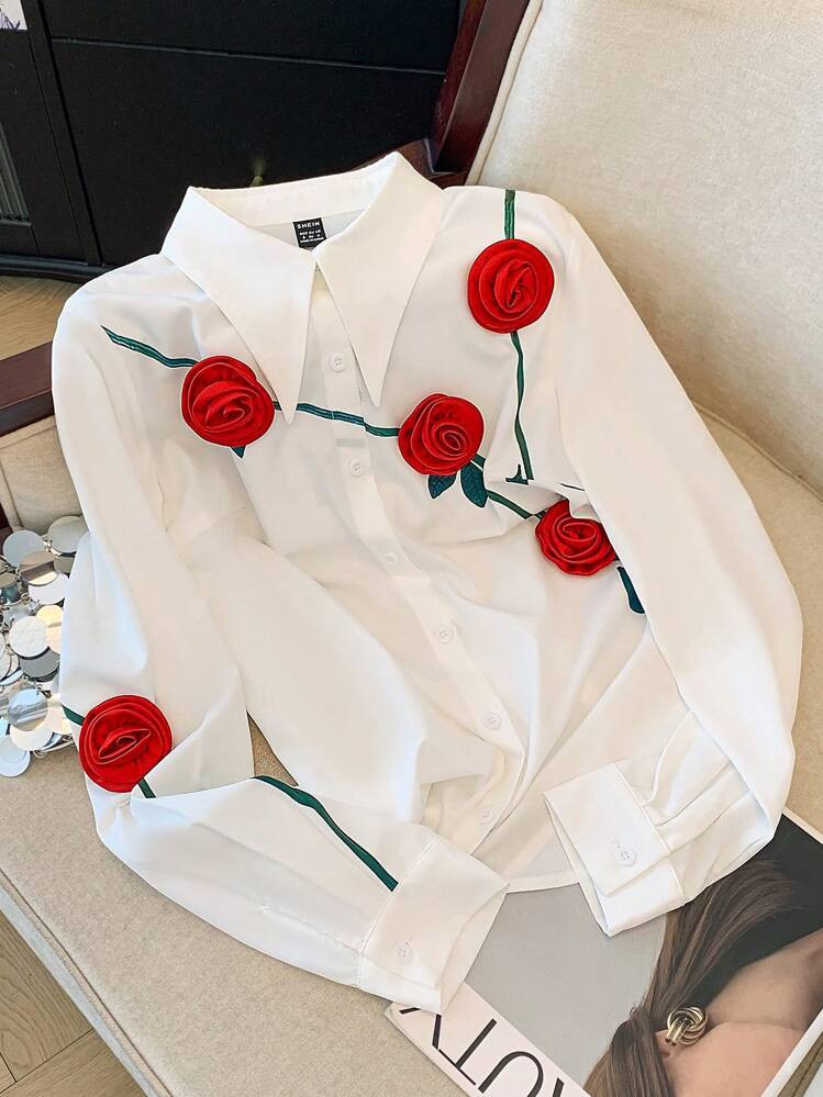 GlowEve Blusa Informal De Mujer Con Estampado Floral De Ramas Verdes Y Flores 3D Elegante Para El Día De San Valentín | SHEIN