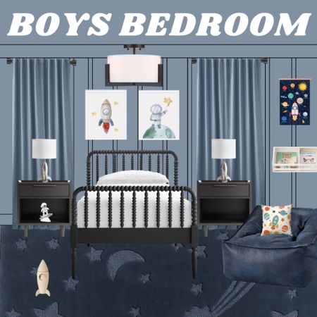 I love how this design board turned out for a client of mine! I think her little boy is going to love this space room so much! What do you think of it? ps. I added two more modern boys beds that I think I would go really well with this room in the similar products section.  #boysbedroom #boysbedroomdecor #kidsbedroomdecor #spacebedroom #spacebedroomdecor #boysbedroomdesign #boysbedroomideas 

#LTKkids #LTKhome #LTKfamily
