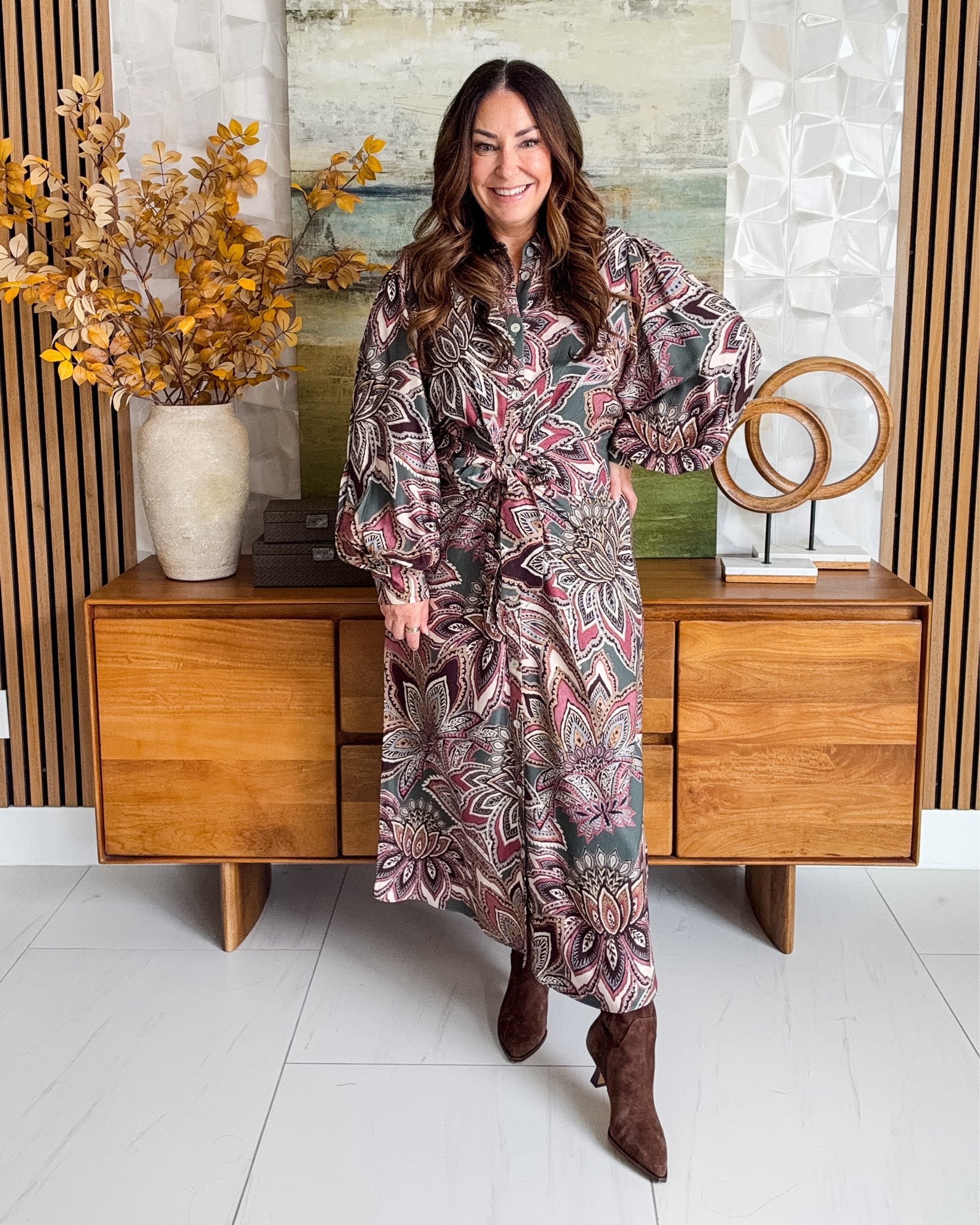 The colors in this Farm Rio dress are SO good for fall. Styled simply with brown suede boots for an easy statement outfit. 

 #LTKSeasonal #LTKOver40 #LTKMidsize