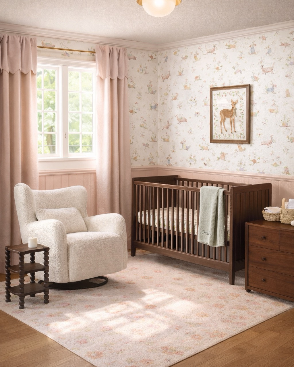 Cosy and cute nursery! Nursery design inspiration. Boucle glider, scalloped dresser and crib, floral rug, blush pink curtains and wallpaper. #homedecor #nursery 

#LTKBaby #LTKHome #LTKBump