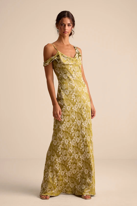 Cavani Chartreuse Floral Satin Asymmetrical Maxi Dress | Lulus