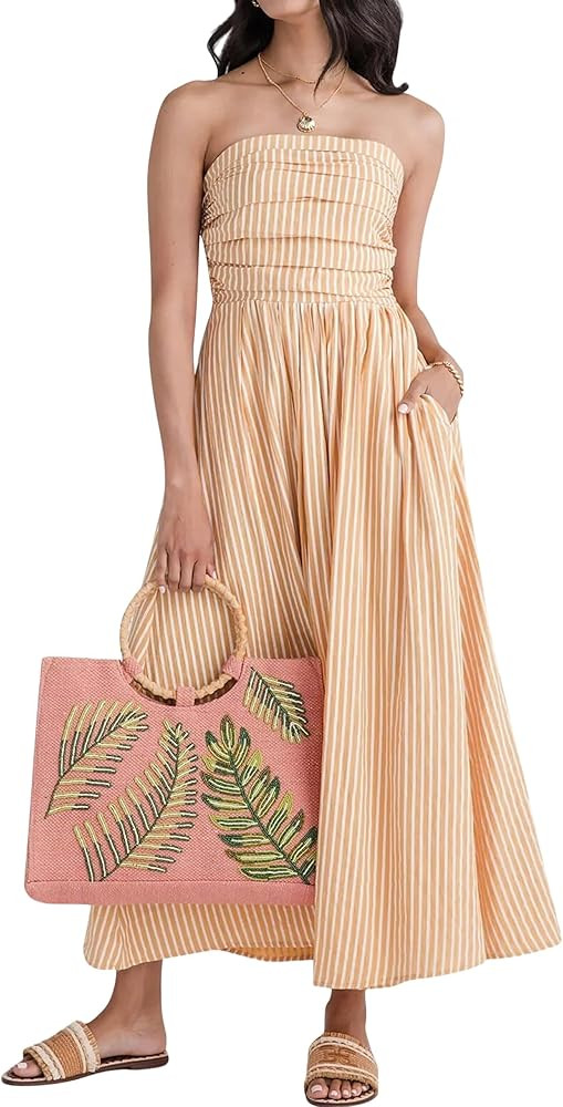 Women Striped Strapless Maxi Dress Summer Casual Sleeveless Flowy Tube Long Dress with Pocket | Amazon (US)