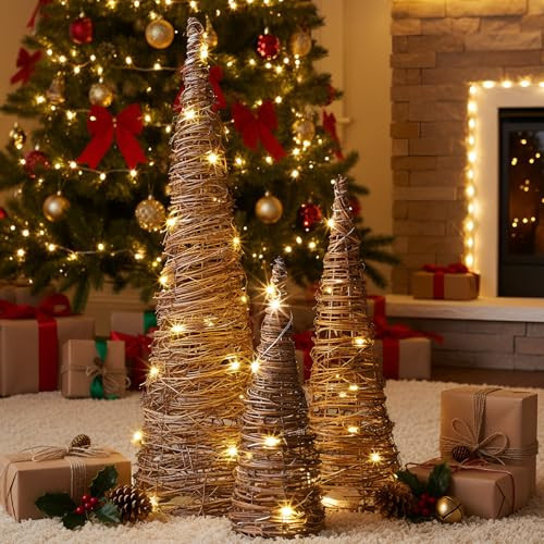 Jenaai 3 Lighted Christmas Rattan Table Tree - 24'' 16'' 12'' Christmas Rattan Cone Trees Pre-lit Rustic Xmas Decor with LED Lights & Metal Frame for Home, Porch, Holiday Centerpiece Decoration | Amazon (US)