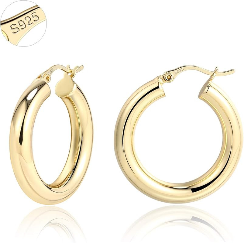 Chunky Hoop Earrings Thick Hoops for Women | Classic Thick Shiny Polished Round-Tube Chunky Hoop Ear | Amazon (US)