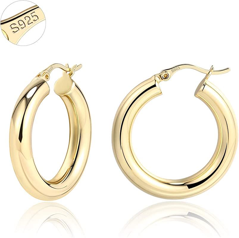 Chunky Hoop Earrings Thick Hoops for Women | Classic Thick Shiny Polished Round-Tube Chunky Hoop Ear | Amazon (US)