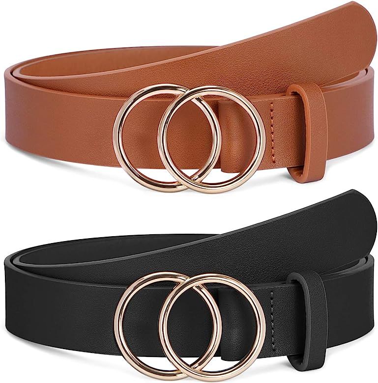 2 Pack Women Leather Belts Faux Leather Jeans Belt with Double O-Ring Buckle Size up to 53 inch | Amazon (US)