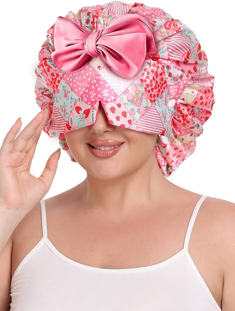 Double Layer Satin Hair Bonnet with Eye Mask Silk Sleep Cap with Tie Head Wrap for Curly Natural ... | Amazon (US)