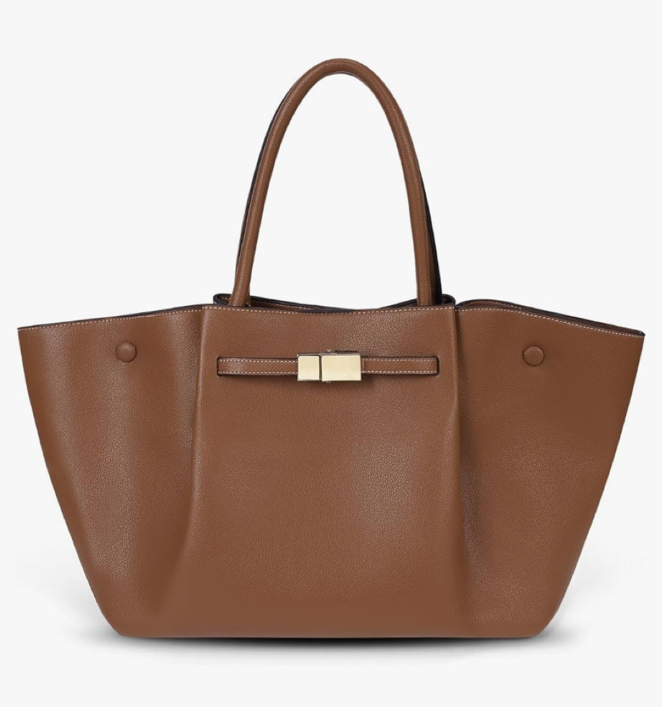 Brown leather handbag, looks VERY similar to the Polene classic bag. 
Designer inspired. Look for less. Amazon finds. Capsule wardrobe. Neutral purse. Neutral accessories. Suede tote. Fall handbag. Work tote  
