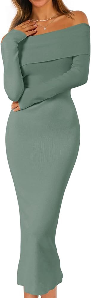 MEROKEETY Women's Fall Off Shoulder Bodycon Sweater Dress 2025 Formal Long Sleeve Elegant Club Pa... | Amazon (US)