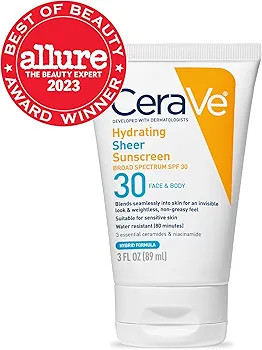 CeraVe Hydrating Sheer Sunscreen SPF 30 for Face and Body | Mineral & Chemical Sunscreen with Zin... | Amazon (US)