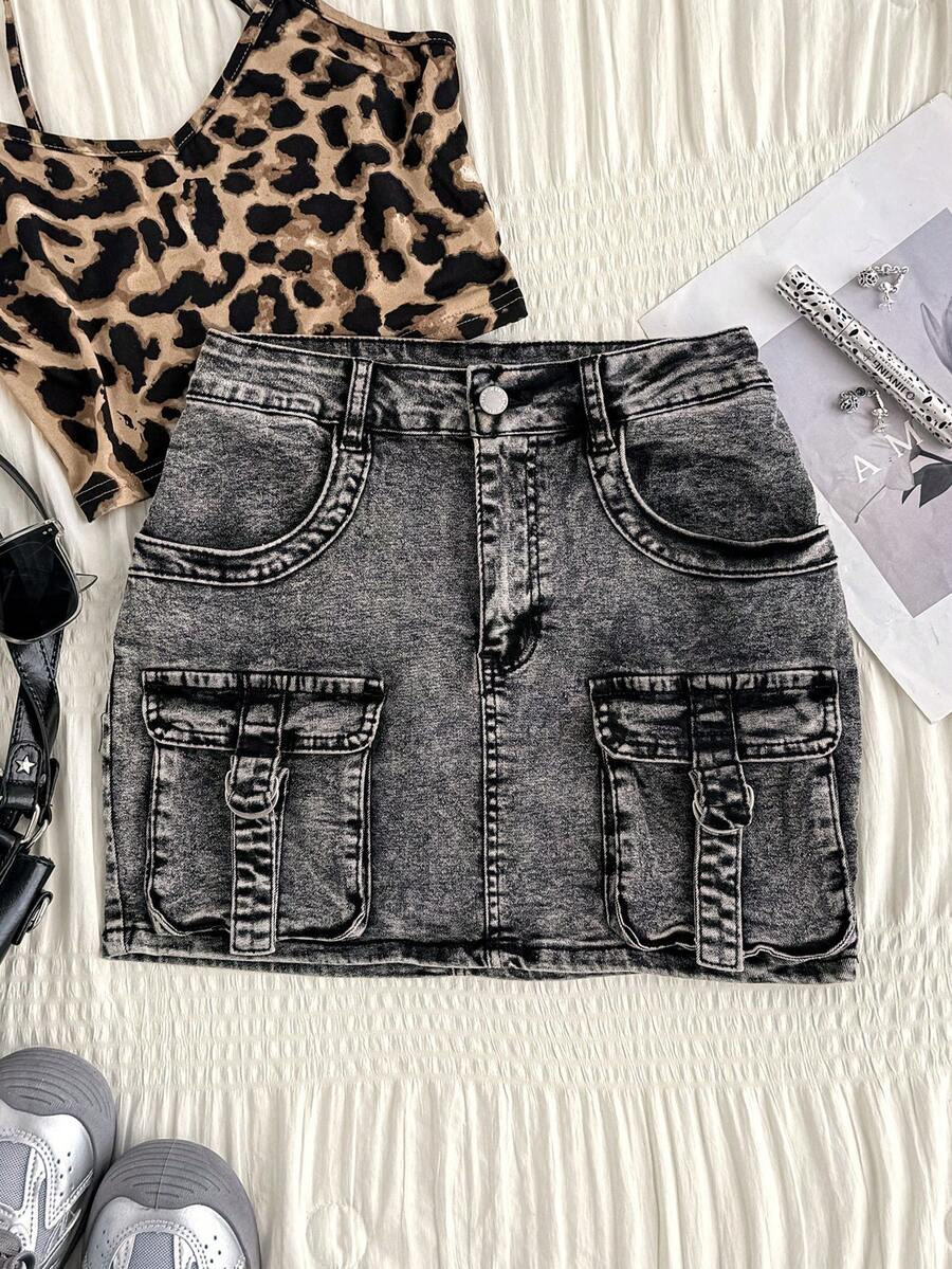 SHEIN EZwear Plus Size Women's Cargo Pocket Washed Grey Denim Mini Skirt,Summer Baggy Casual Ever... | SHEIN