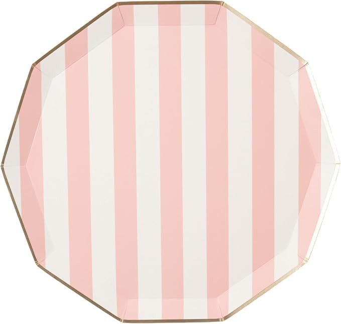 Bonjour Fête Light Pink Cabana Stripe Party Plates | Disposable Dinner Tableware with Gold Rim |... | Amazon (US)