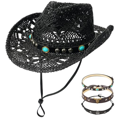 Urradia Black Straw Cowboy Hat Womens Cowboy Hats Western Cowgirl Hats for Men with Decorative Bands & Plastic Hat Shaper Insert Wide Brim Vintage Men Woven Sun Hat for Travel Beach Festival Party | Amazon (US)