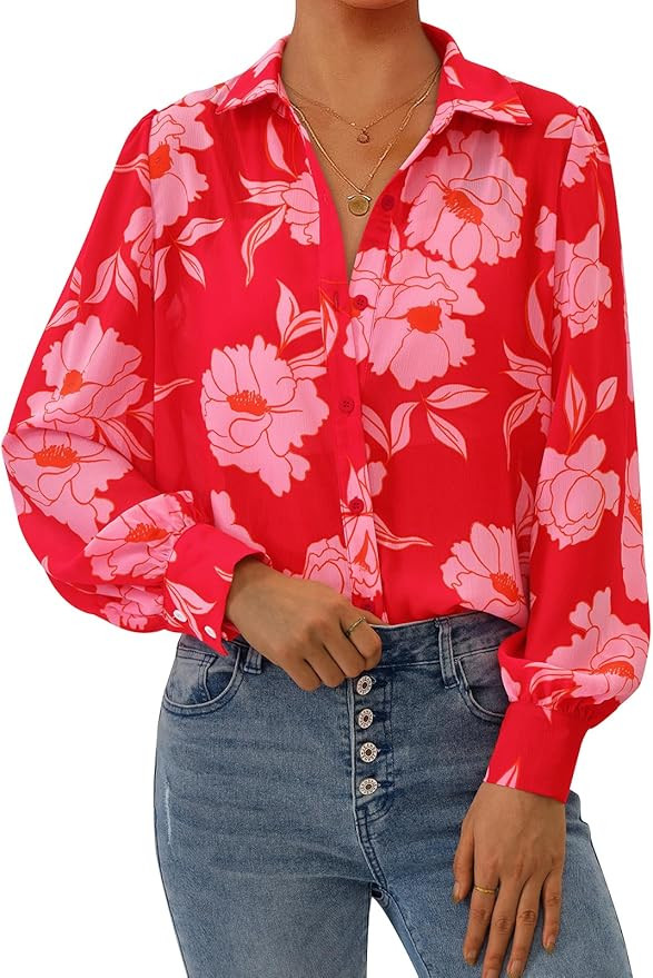 PRETTYGARDEN Women's Floral Blouses Dressy Casual V Neck Button Down Shirts Lantern Long Sleeve B... | Amazon (US)