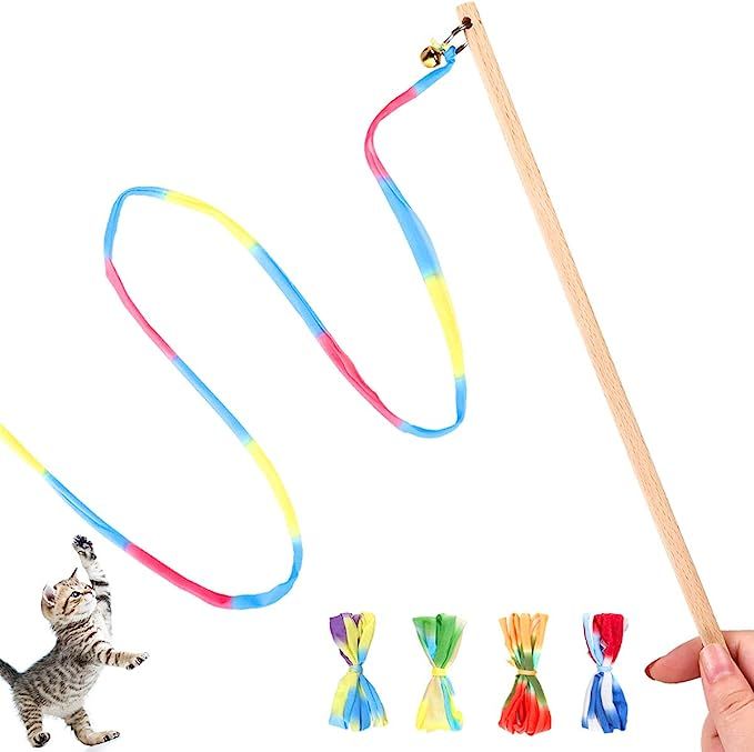 Interactive Cat Toys Rainbow Cat String Toy with Bell, Replaceable Wood Cat Wand with 5PCS Colorf... | Amazon (US)