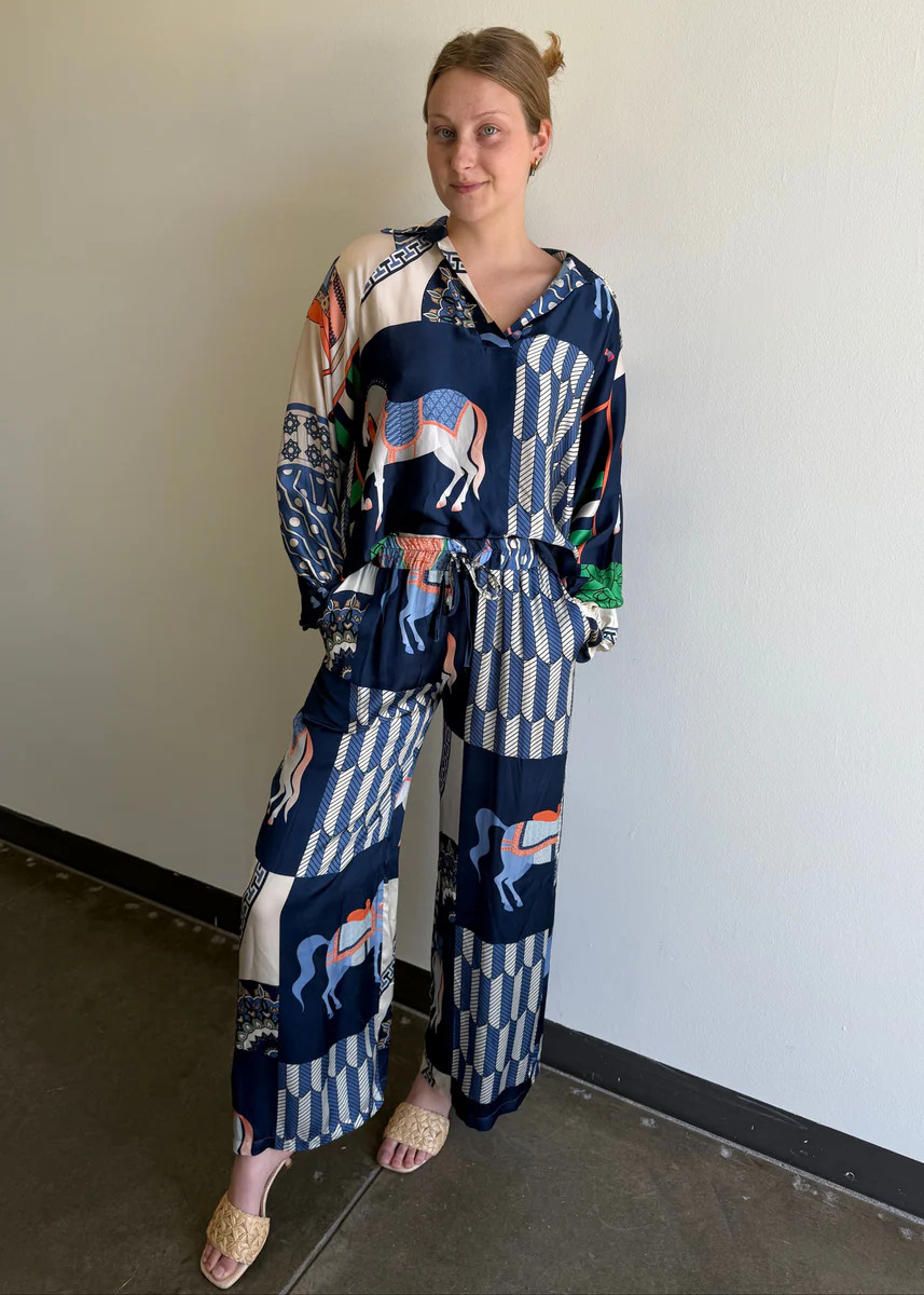 Amara Equestrian Print Silky Pants - Navy | Benaar La