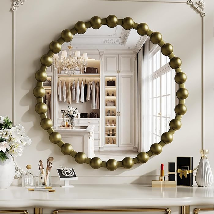 Round Vintage Vanity Mirror, 24 Inch Beaded Frame Circle Wall Mirror for Bathroom, Bedroom Dresse... | Amazon (US)