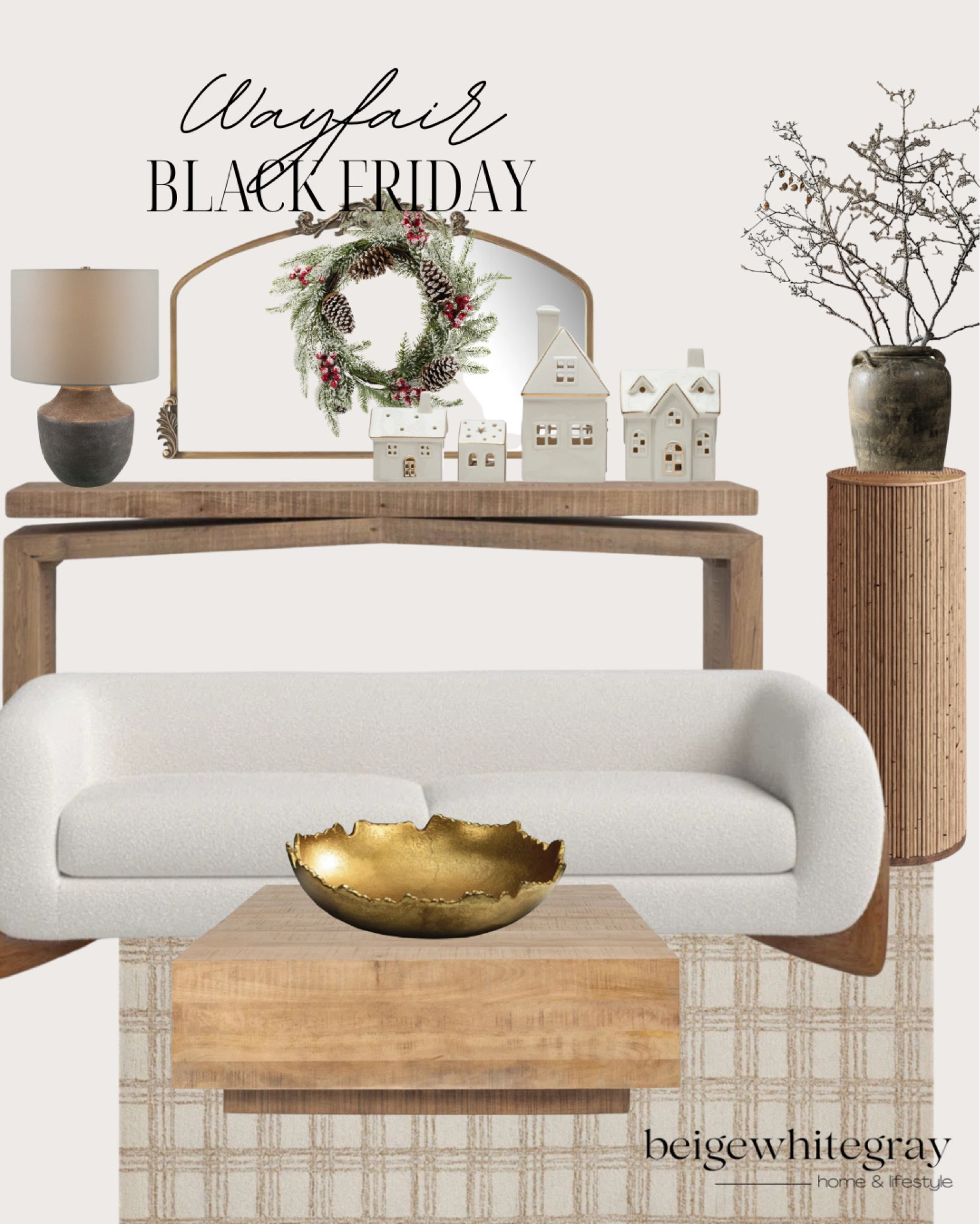 Black Friday deals are live at wayfair! Loving this entire look! I have this console table and I highly recommend! A wreath over a mirror is always such a cute look, and the white villages are trending this holiday season and I love them!! Loving this rug too! Did you notice the designer look for less mirror?! 

#LTKCyberWeek #LTKHome #LTKSaleAlert