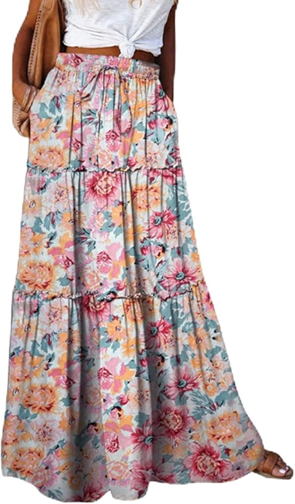 Floral Maxi Skirts for Women 2026 Spring Pleated Long Boho Skirt High Waisted Flower Flowy Skirt ... | Amazon (US)