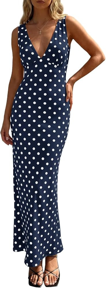 Wenrine Womens Summer Polka Dot Maxi Dress Mesh Wedding Guest Bodycon Sexy V Neck Sleeveless Part... | Amazon (US)