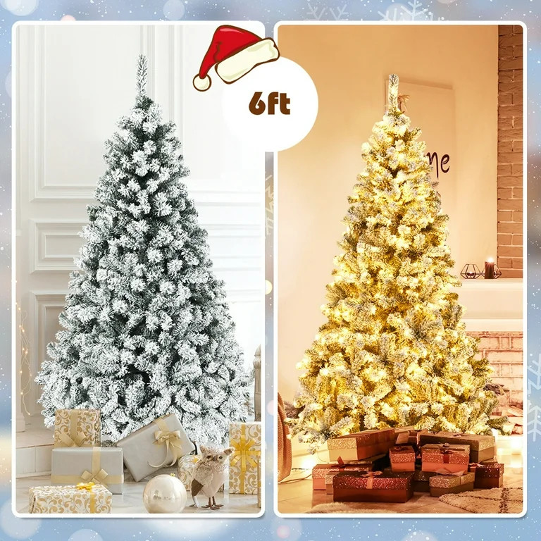 Gymax 6 FT Pre-Lit Christmas Tree Snow Flocked Hinged Pine Tree w/ Metal Stand - Walmart.com | Walmart (US)