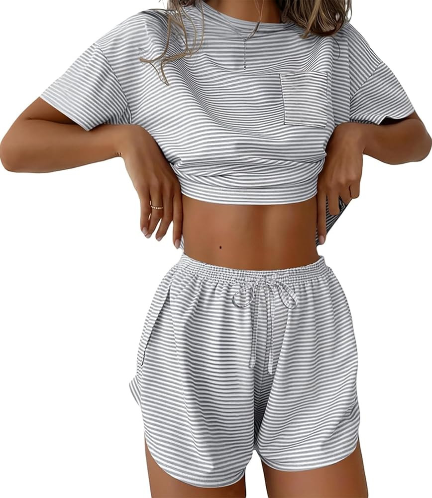 Women's 2 Piece Pajama Set Short Sleeve Sexy Side Split Short Lounge Set Cute Comfy Sleepwear Lou... | Amazon (US)
