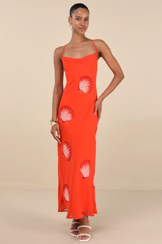 Thalassa Bright Orange Seashell Backless Maxi Dress | Lulus