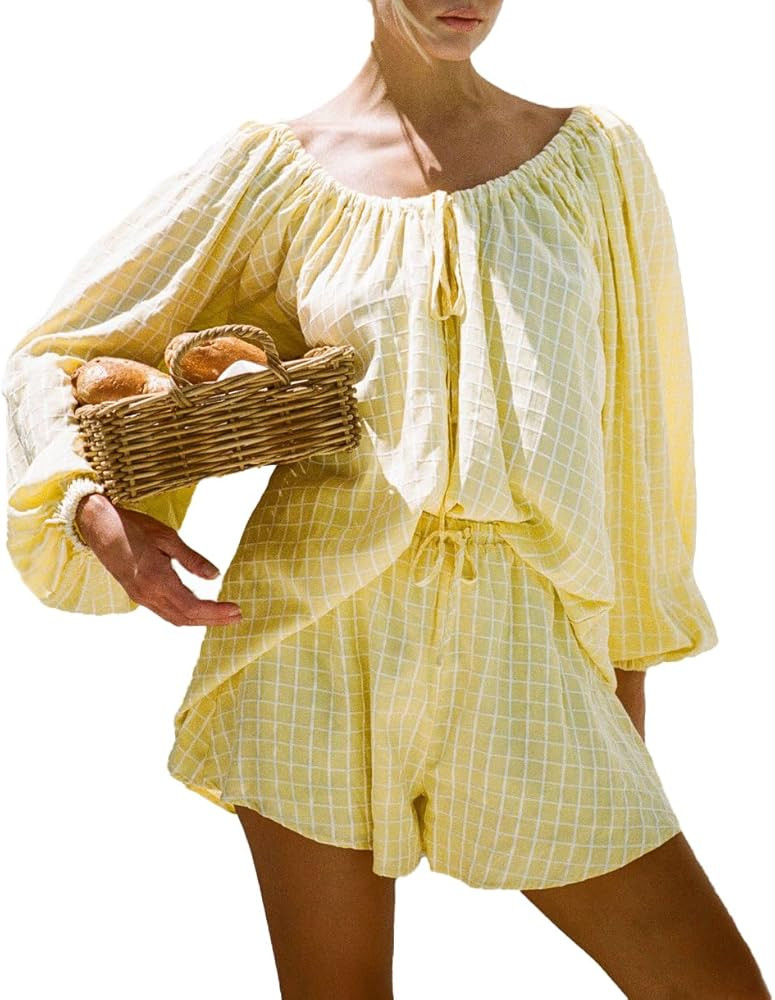 Women Plaid Bubble Oversize Long Sleeve Top Shorts 2 Piece Cozy Beach Vacation Outfits Lounge Set... | Amazon (US)