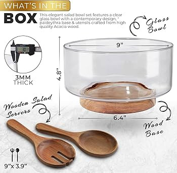 Premium Glass Salad Bowl Set with Acacia Wood Base - Extra Large Size, Complete with Serving Uten... | Amazon (US)