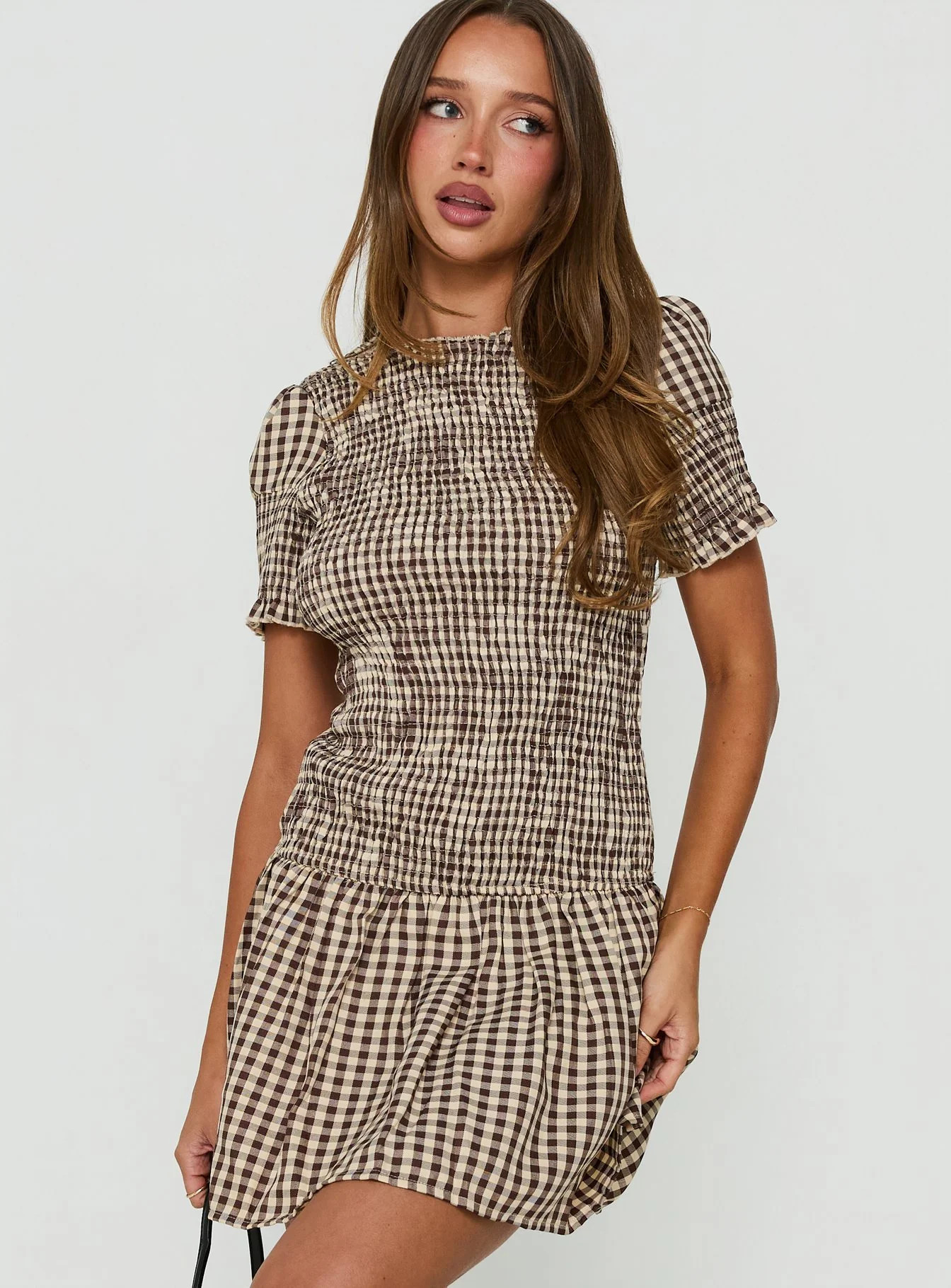Laurita Shirred Mini Dress Brown Check | Princess Polly US