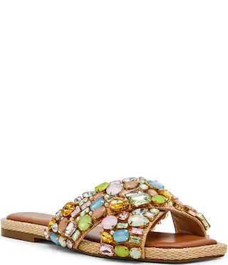 Levity Raffia Jewel Ornamented Slide Sandals | Dillard's