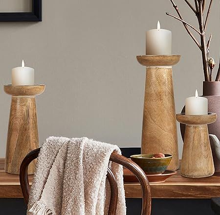 Hand Crafted Wooden Pillar Candle Holders Set of 3, Ideal for LED and Pillar Candles, Gifts for W... | Amazon (US)