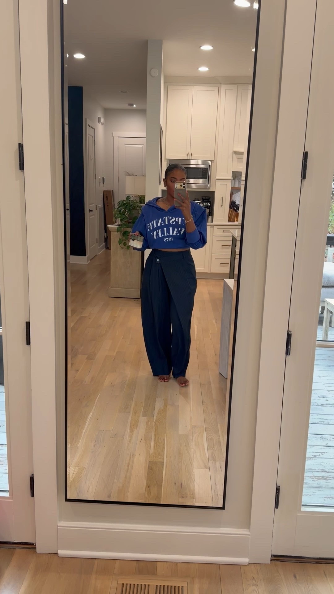 Hoodie: linked exact from Poshmark. Wearing a Small (runs oversized) 
Pants: linked similar from Zara - wearing a 8M