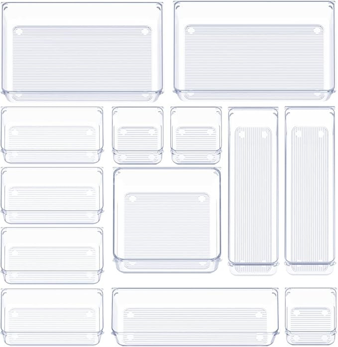 13 Pcs Drawer Organizer Set Clear Plastic Storage Bins Office Desk Drawer Dividers Trays with Non... | Amazon (US)