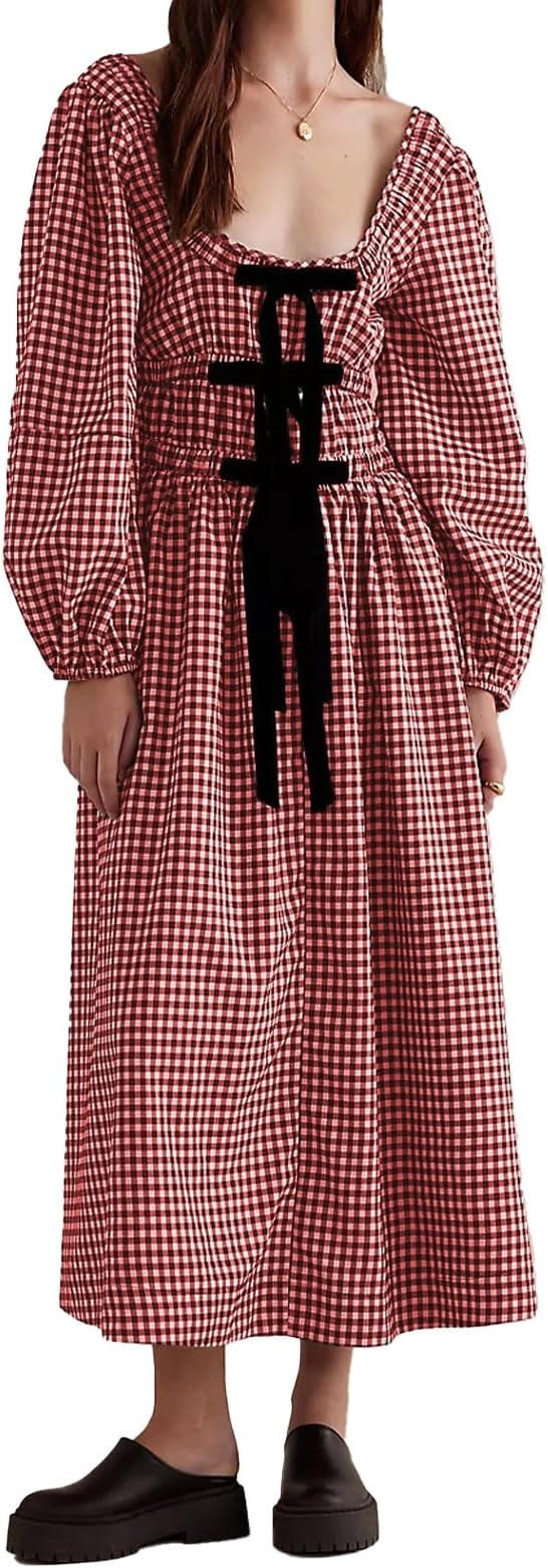 Women Plaid Maxi Dress Long Puff Sleeve Square Neck Flowy Boho Dress Bow Tie Smocked Fall Dresses | Amazon (US)