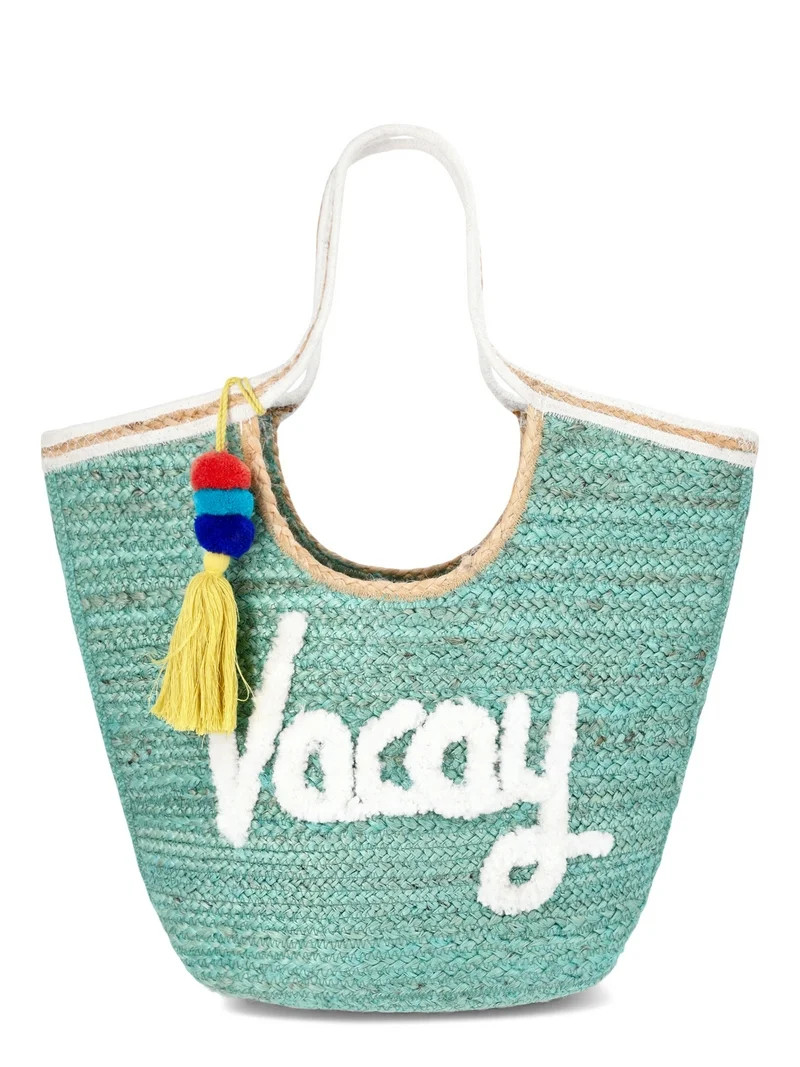 No Boundaries Jute Tote Bag, Vacay Teal, Women’s | Walmart (US)