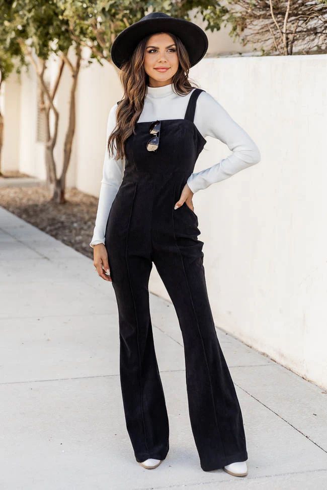 Come On Through Black Corduroy Flared Overalls | Pink Lily