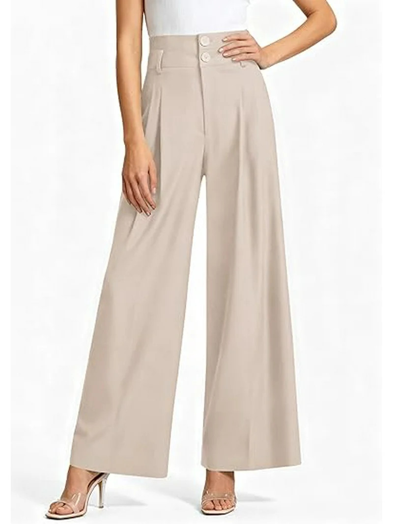 PRETTYGARDEN Womens Spring Wide Leg Palazzo Pants Trendy Loose Button High Waist Pleated Work Bus... | Walmart (US)