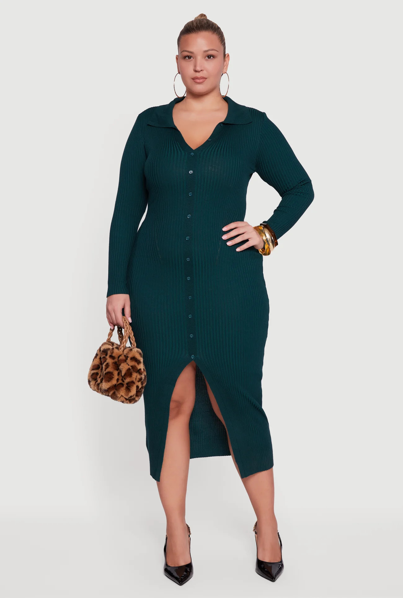 Plus Size Almost Famous Rib Knit Slit Front Sweater Dress | Rainbow Shops